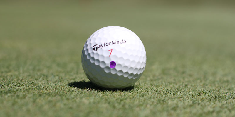 Photo of TaylorMade Penta golf ball with a purple dot at Tamarack Golf Club in Oswego, NY.